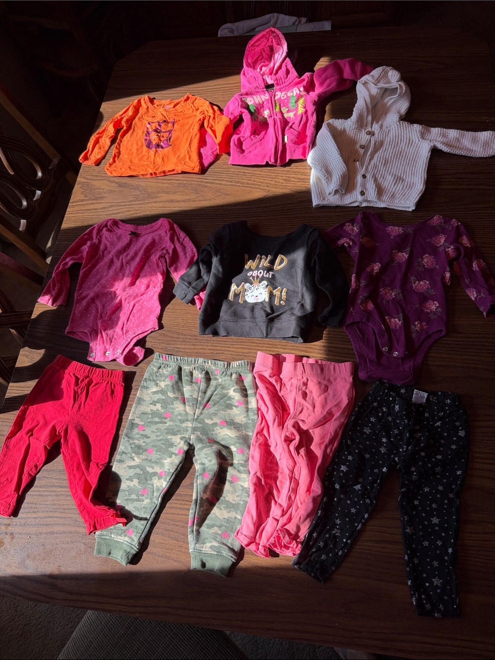 Baby 12m Girls 4 pants, 1 long sleeve onsie, 3 long sleeve shirts, 2 jackets, +